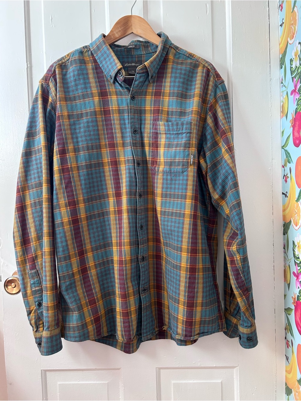 Eddie Bauer Men's Classic Fit Flannel Shirt Plaid Teal Gold Maroon Size TXL